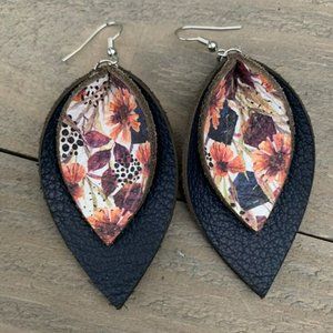 Navy Fall Floral Double Layered Petal Leather Earrings